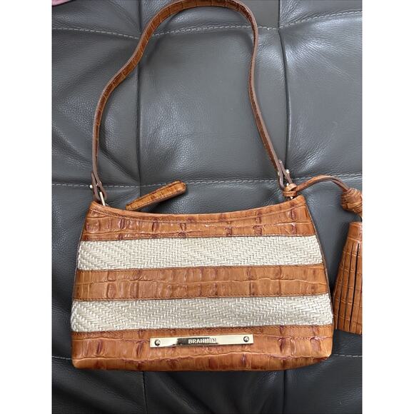 Brahmin Tote Bag Womens Brown Croc Embossed Leather Woven Straw Shoulder Tassel - Picture 1 of 10